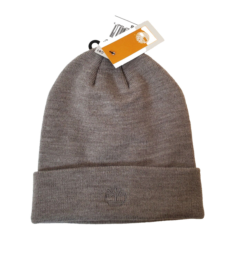 Timberland Mens Cuffed Beanie Hat Knit Embroidered Logo Gray One Size